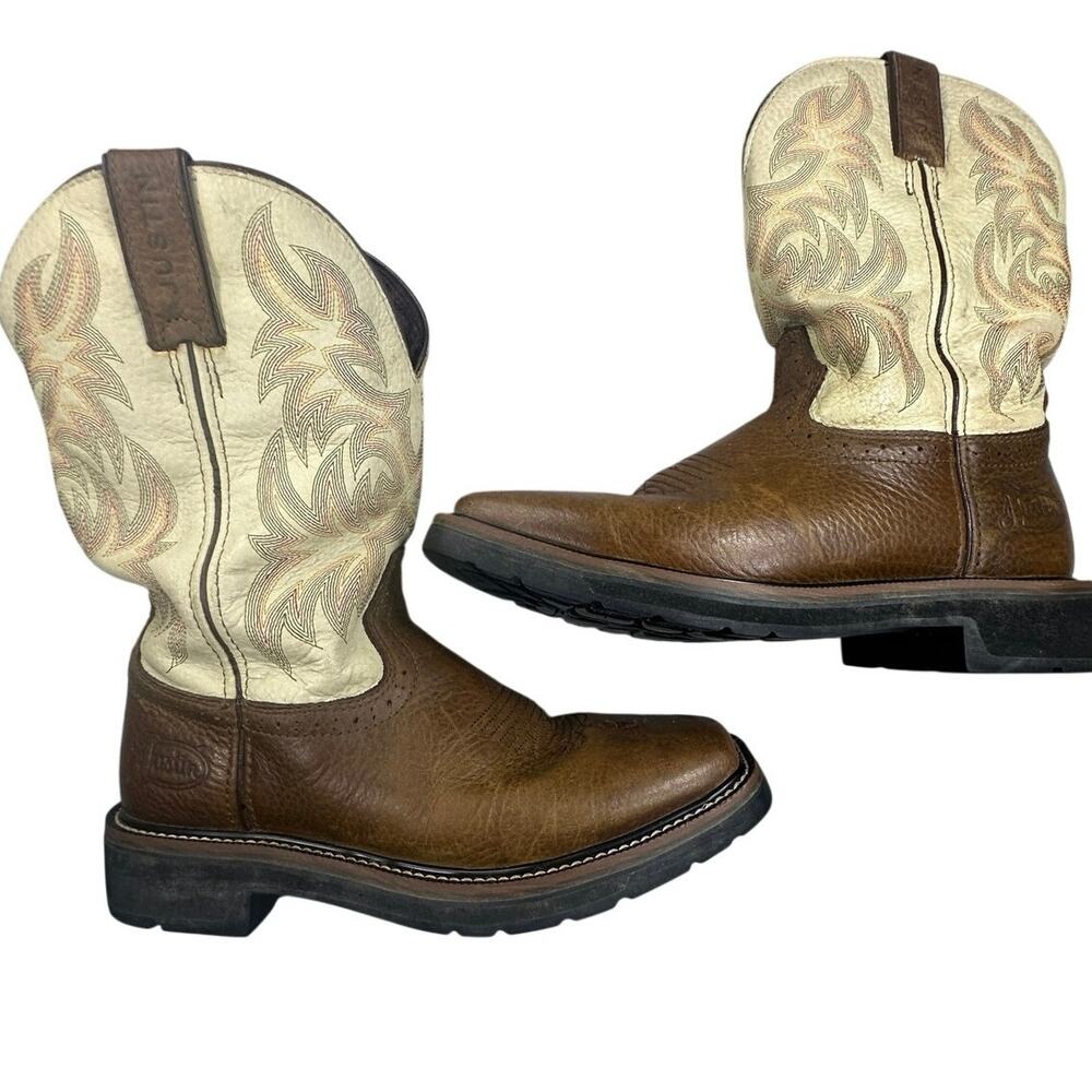 Justin Stampede Western Work Boots Brown Leather Square Soft Toe 7D